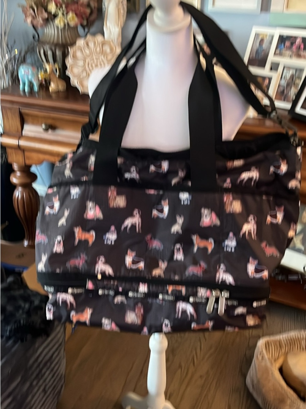 Lesportsac Black Tote with Multicolor Dog Print